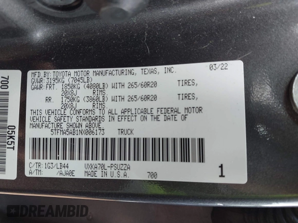 2022 Toyota Tundra 1794 Edition with VIN 5TFMA5AB1NX006173, listed as a IAAI auction lot 41880463 with 48,923 mi miles and . Bid and sale history available at DreamBid. Image 9.