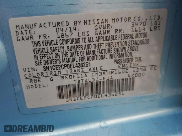 2014 Nissan Note S with VIN 3N1CE2CP0EL436251, listed as a Copart auction lot 50794095 with 86,108 mi miles and Salvage Title. Bid and sale history available at DreamBid. Image 12.
