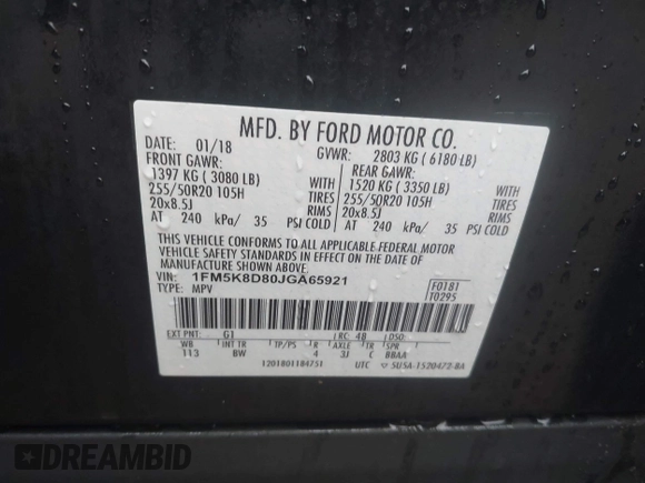 2018 Ford Explorer XLT with VIN 1FM5K8D80JGA65921, listed as a IAAI auction lot 40858952 with 89,956 mi miles and . Bid and sale history available at carsss.com. Image 9.