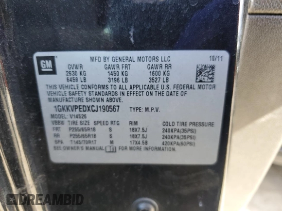 2012 GMC Acadia SLE with VIN 1GKKVPEDXCJ190567, listed as a Copart auction lot 48074955 with 205,590 mi miles and Salvage Title. Bid and sale history available at carsss.com. Image 13.