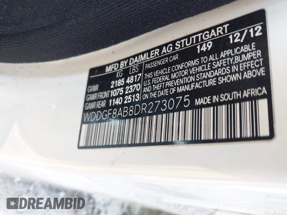 2013 Mercedes-Benz C 300 Sport with VIN WDDGF8AB8DR273075, listed as a IAAI auction lot 42406838 with Not provided miles and . Bid and sale history available at DreamBid. Image 9.