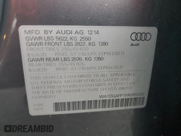 2015 Audi Q5 Premium Plus with VIN WA1DGAFP1FA085242, listed as a Copart auction lot 45513015 with 135,482 mi miles and Clean Title. Bid and sale history available at carsss.com. Image 13.