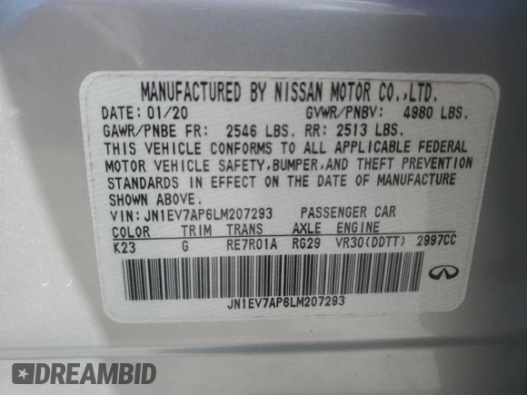 2020 Infiniti Q50 Pure with VIN JN1EV7AP6LM207293, listed as a Copart auction lot 60029065 with 43,872 mi miles and Salvage title. Bid and sale history available at DreamBid. Image 12.
