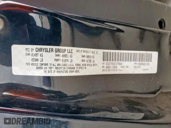 2012 FIAT 500 Lounge with VIN 3C3CFFER3CT370540, listed as a Copart auction lot 53429575 with 104,027 mi miles and Salvage title. Bid and sale history available at DreamBid. Image 12.