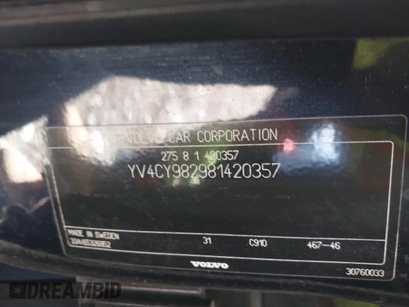 2008 Volvo XC90 I6 with VIN YV4CY982981420357, listed as a IAAI auction lot 41759863 with 202,861 mi miles. Bid and sale history available at carsss.com. Image 9.