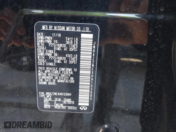 2017 Infiniti QX80 with VIN JN8AZ2NEXH9153684, listed as a IAAI auction lot 41737303 with 87,515 mi miles and . Bid and sale history available at DreamBid. Image 9.