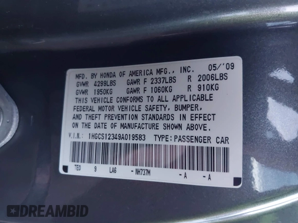 2009 Honda Accord LX-S with VIN 1HGCS12349A019583, listed as a IAAI auction lot 41146922 with 135,656 mi miles and . Bid and sale history available at DreamBid. Image 9.