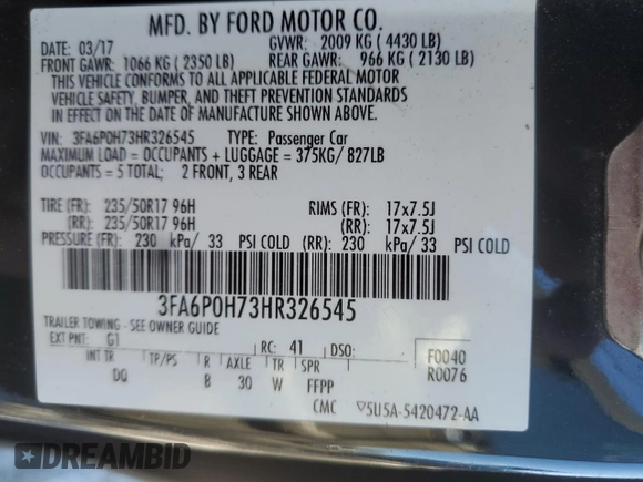 2017 Ford Fusion SE with VIN 3FA6P0H73HR326545, listed as a Copart auction lot 46309995 with 205,203 mi miles and Clean Title. Bid and sale history available at DreamBid. Image 12.