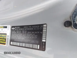 2007 MINI Hardtop S with VIN WMWMF73537TL88038, listed as a IAAI auction lot 42200252 with 70,603 mi miles and . Bid and sale history available at DreamBid. Image 9.