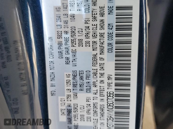 2022 Mazda CX-9 Touring Plus with VIN JM3TCBAYXN0607056, listed as a Copart auction lot 61740065 with 59,281 mi miles and Salvage title. Bid and sale history available at DreamBid. Image 14.