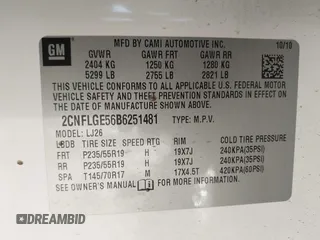2011 Chevrolet Equinox LTZ with VIN 2CNFLGE56B6251481, listed as a IAAI auction lot 41671694 with 143,814 mi miles. Bid and sale history available at carsss.com. Image 9.