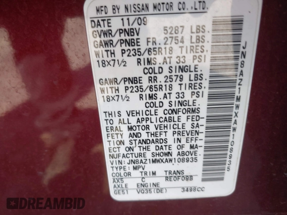2010 Nissan Murano SL with VIN JN8AZ1MWXAW108935, listed as a IAAI auction lot 42150686 with 163,590 mi miles. Bid and sale history available at carsss.com. Image 9.