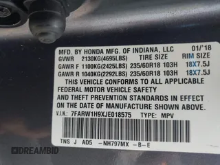 2018 Honda CR-V Touring with VIN 7FARW1H9XJE018575, listed as a IAAI auction lot 41747192 with 83,699 mi miles and . Bid and sale history available at carsss.com. Image 9.