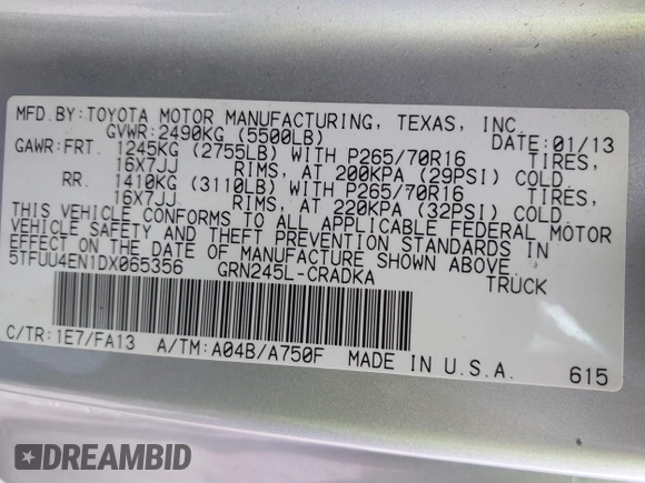 2013 Toyota Tacoma with VIN 5TFUU4EN1DX065356, listed as a IAAI auction lot 41509219 with 122,520 mi miles and . Bid and sale history available at DreamBid. Image 9.