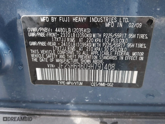 2009 Subaru Forester (Natl) X w/Premium Pkg with VIN JF2SH63609H791408, listed as a IAAI auction lot 41661390 with 91,867 mi miles. Bid and sale history available at carsss.com. Image 9.