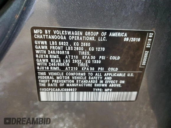 2018 Volkswagen Atlas SE with VIN 1V2CP2CA9JC599827, listed as a Copart auction lot 55695875 with 64,268 mi miles and Salvage title. Bid and sale history available at DreamBid. Image 13.