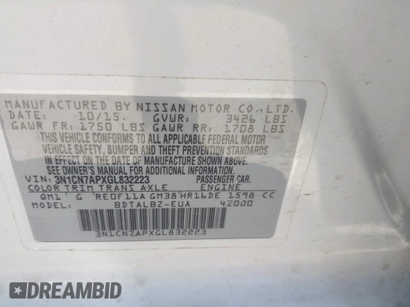 2016 Nissan Versa S with VIN 3N1CN7APXGL832223, listed as a IAAI auction lot 42654537 with 106,898 mi miles and . Bid and sale history available at DreamBid. Image 9.
