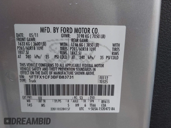 2011 Ford F-150 XL with VIN 1FTFX1CF3BFB83731, listed as a IAAI auction lot 42104794 with 336,934 mi miles and . Bid and sale history available at DreamBid. Image 9.