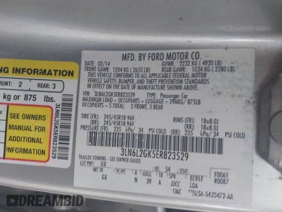 2014 Lincoln MKZ with VIN 3LN6L2GK5ER823529, listed as a IAAI auction lot 42221147 with 151,751 mi miles and . Bid and sale history available at DreamBid. Image 9.