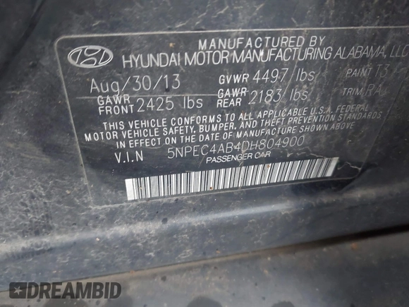 2013 Hyundai Sonata Limited with VIN 5NPEC4AB4DH804900, listed as a IAAI auction lot 41619907 with 152,278 mi miles and . Bid and sale history available at DreamBid. Image 9.