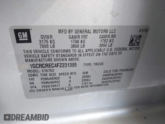 2015 Chevrolet Silverado 1500 LT with VIN 1GCRCREC4FZ231395, listed as a IAAI auction lot 41831339 with 143,137 mi miles. Bid and sale history available at carsss.com. Image 9.
