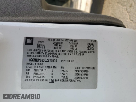 2012 Chevrolet Silverado 1500 Work Truck with VIN 1GCNKPE03CZ213610, listed as a Copart auction lot 53543735 with 174,449 mi miles and Salvage Title. Bid and sale history available at DreamBid. Image 12.