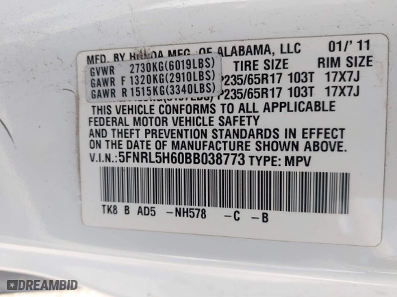 2011 Honda Odyssey EX-L with VIN 5FNRL5H60BB038773, listed as a IAAI auction lot 41762693 with 170,432 mi miles. Bid and sale history available at carsss.com. Image 9.