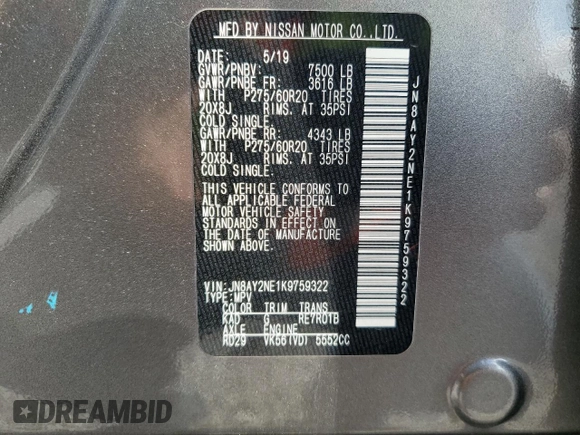 2019 Nissan Armada Platinum with VIN JN8AY2NE1K9759322, listed as a Copart auction lot 71734094 with 59,315 mi miles and Salvage Title. Bid and sale history available at carsss.com. Image 15.