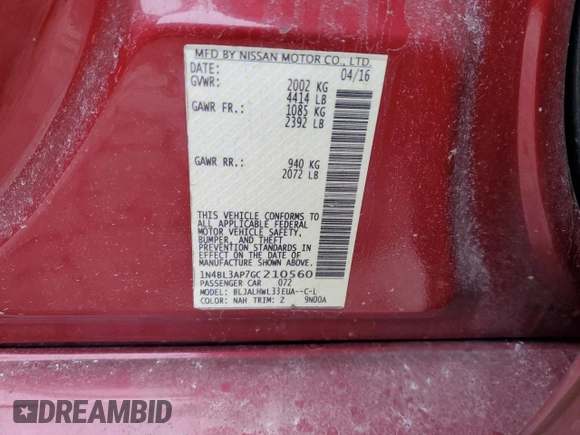 2016 Nissan Altima SR with VIN 1N4BL3AP7GC210560, listed as a Copart auction lot 42043305 with 167,620 mi miles and Clean Title. Bid and sale history available at carsss.com. Image 12.