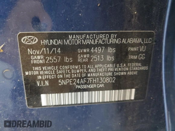 2015 Hyundai Sonata 2.4L SE with VIN 5NPE24AF7FH130802, listed as a Copart auction lot 53160155 with 143,477 mi miles and Clean Title. Bid and sale history available at carsss.com. Image 12.