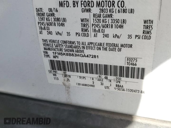 2017 Ford Explorer with VIN 1FM5K8B83HGA47281, listed as a Copart auction lot 87160874 with 197,810 mi miles and Salvage title. Bid and sale history available at DreamBid. Image 13.