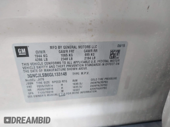 2016 Chevrolet Trax LT with VIN 3GNCJLSB6GL133148, listed as a IAAI auction lot 42196293 with Not Provided miles and . Bid and sale history available at DreamBid. Image 9.