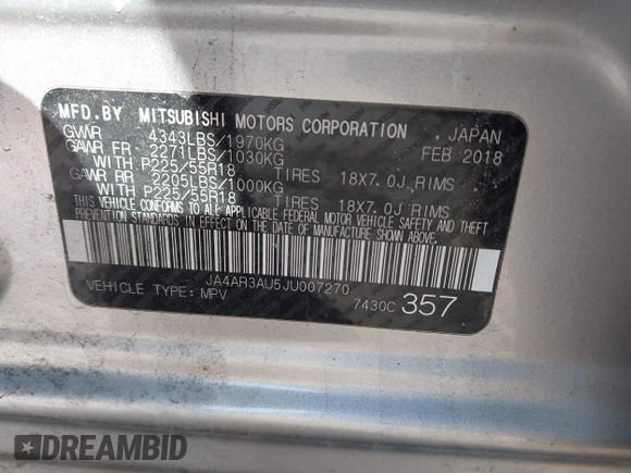 2018 Mitsubishi Outlander ES with VIN JA4AR3AU5JU007270, listed as a IAAI auction lot 41711322 with 127,773 mi miles and . Bid and sale history available at DreamBid. Image 9.