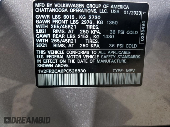 2023 Volkswagen Atlas SEL Premium R-Line z VIN 1V2FR2CA6PC528830, wystawiony jako Copart lot #61122035 z przebiegiem 20 233 mil mil oraz Szkoda całkowita • Salvage title. Historia ofert i sprzedaży dostępna na DreamBid. Obrazek 14.