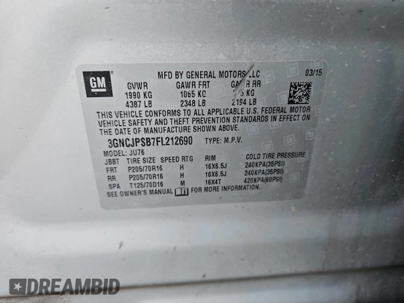 2015 Chevrolet Trax LS with VIN 3GNCJPSB7FL212690, listed as a Copart auction lot 54598765 with 103,676 mi miles and Salvage Title. Bid and sale history available at DreamBid. Image 13.