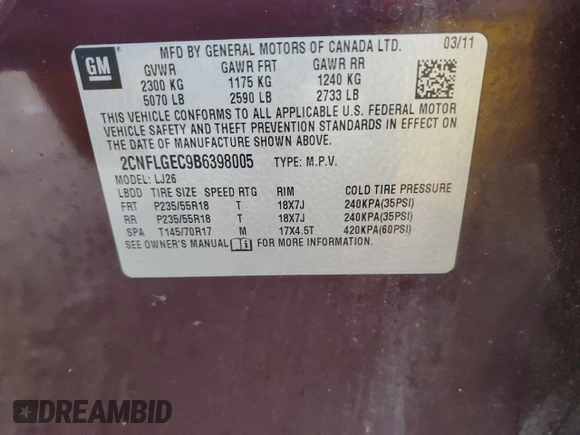 2011 Chevrolet Equinox LTZ with VIN 2CNFLGEC9B6398005, listed as a Copart auction lot 55563895 with 158,376 mi miles and Clean Title. Bid and sale history available at DreamBid. Image 12.