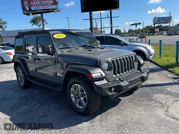 2021 Jeep Wrangler Unlimited Willys z VIN 1C4HJXDNXMW549111, wystawiony jako Copart lot #61692645 z przebiegiem 40 883 mil mil oraz Czysty tytuł • Clean title. Historia ofert i sprzedaży dostępna na DreamBid. Obrazek 1.