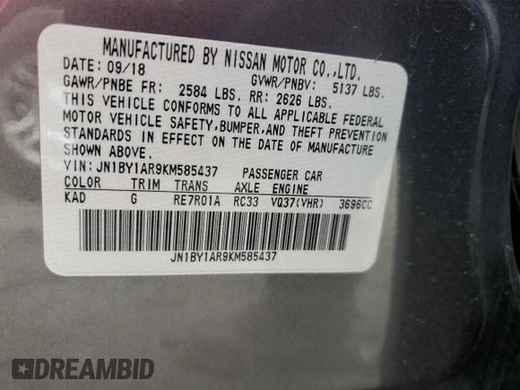 2019 Infiniti Q70 Luxe with VIN JN1BY1AR9KM585437, listed as a Copart auction lot 46824235 with 35,488 mi miles and Salvage Title. Bid and sale history available at DreamBid. Image 14.