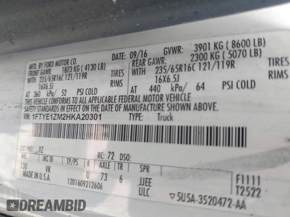 2017 Ford Transit z VIN 1FTYE1ZM2HKA20301, wystawiony jako IAAI lot #42323437 z przebiegiem Nie podano mil oraz . Historia ofert i sprzedaży dostępna na DreamBid. Obrazek 9.