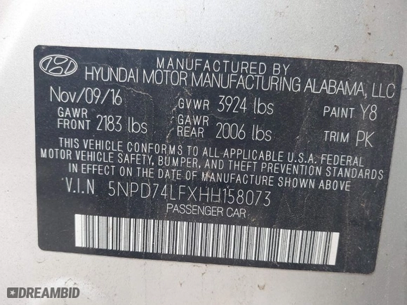 2017 Hyundai Elantra SE with VIN 5NPD74LFXHH158073, listed as a IAAI auction lot 41895953 with 88,507 mi miles. Bid and sale history available at carsss.com. Image 9.