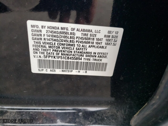 2012 Honda Ridgeline RTL with VIN 5FPYK1F51CB455894, listed as a Copart auction lot 62336464 with 169,564 mi miles and Salvage Title. Bid and sale history available at carsss.com. Image 12.