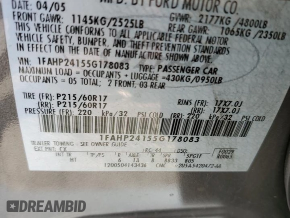2005 Ford Five Hundred SEL with VIN 1FAHP24155G178083, listed as a Copart auction lot 79444244 with 0 mi miles and Salvage Title. Bid and sale history available at carsss.com. Image 12.