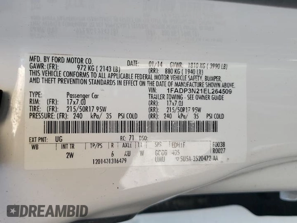 2014 Ford Focus Titanium with VIN 1FADP3N21EL264509, listed as a Copart auction lot 59544475 with 154,142 mi miles and Clean title. Bid and sale history available at DreamBid. Image 12.