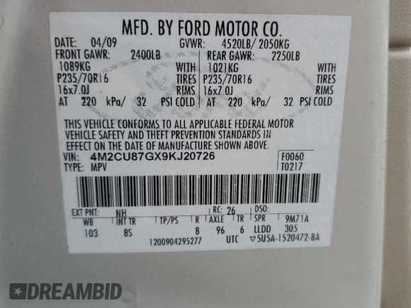 2009 Mercury Mariner Premier with VIN 4M2CU87GX9KJ20726, listed as a Copart auction lot 58690305 with 174,698 mi miles and Salvage title. Bid and sale history available at DreamBid. Image 13.