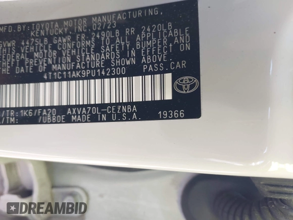2023 Toyota Camry LE z VIN 4T1C11AK9PU142300, wystawiony jako IAAI lot #42063540 z przebiegiem 34 048 mil mil oraz . Historia ofert i sprzedaży dostępna na DreamBid. Obrazek 9.