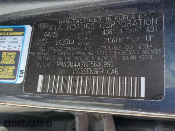 2015 Kia Optima LX with VIN KNAGM4A70F5636996, listed as a Copart auction lot 47571015 with 141,234 mi miles and Salvage Title. Bid and sale history available at carsss.com. Image 12.