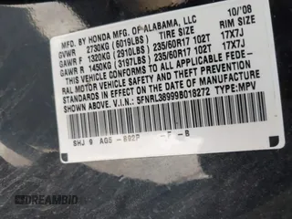 2009 Honda Odyssey Touring с VIN 5FNRL38999B018272, выставлен на аукционе IAAI как лот 42412203 с пробегом 154 987 миль миль и . История ставок и продаж доступна на DreamBid. Изображение 9.