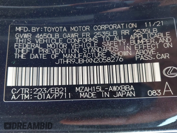 2022 Lexus UX 250h F Sport with VIN JTHR9JBHXN2058276, listed as a IAAI auction lot 42320129 with 83,439 mi miles and . Bid and sale history available at DreamBid. Image 9.