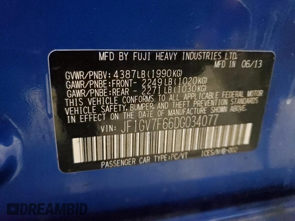 2013 Subaru WRX WRX Limited с VIN JF1GV7F66DG034077, выставлен на аукционе Copart как лот 56159465 с пробегом 147 214 миль миль и Списание • Salvage title. История ставок и продаж доступна на DreamBid. Изображение 12.
