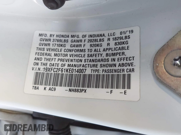 2019 Honda Civic LX with VIN 19XFC2F61KE014007, listed as a IAAI auction lot 41795070 with 64,259 mi miles and . Bid and sale history available at DreamBid. Image 9.